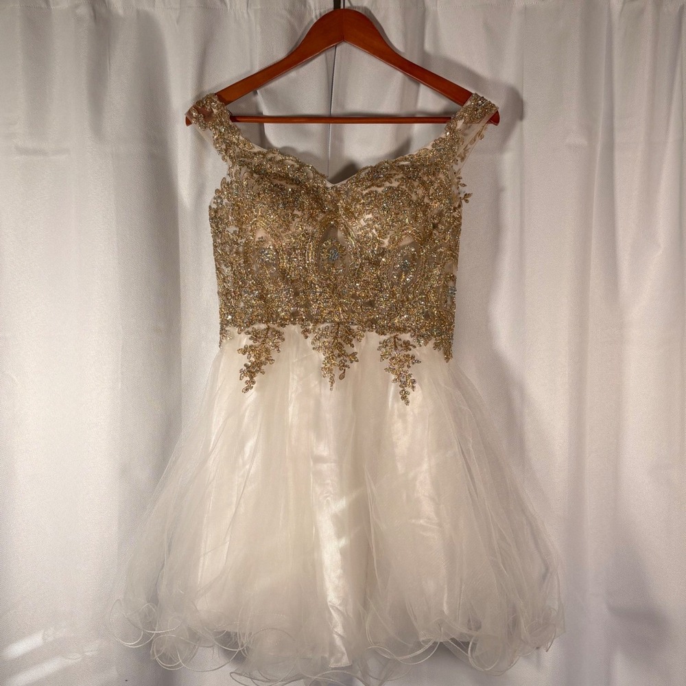 Dancing Queen Gold Lace Rhinestone Tulle Homecoming Dress 2130 White Small